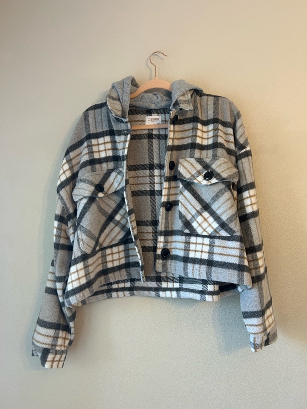 Ci Sono Gray and White Plaid Hooded Jacket